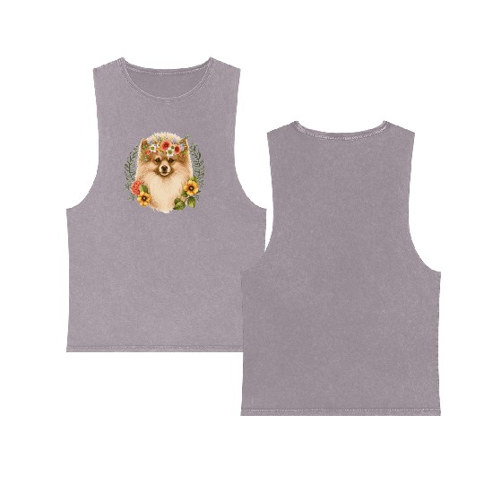 Cute Pomeranian Pom Flower Crown Pet Dog Breed Flo Double Sided Mineral Wash Tank Tops