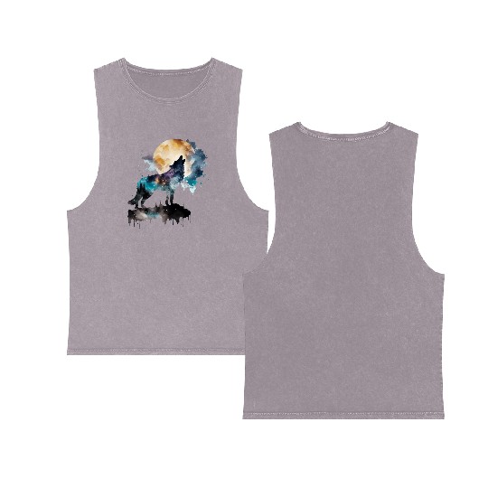 Mountain Wolf Multicolor Watercolor Portrait Double Sided Mineral Wash Tank Tops