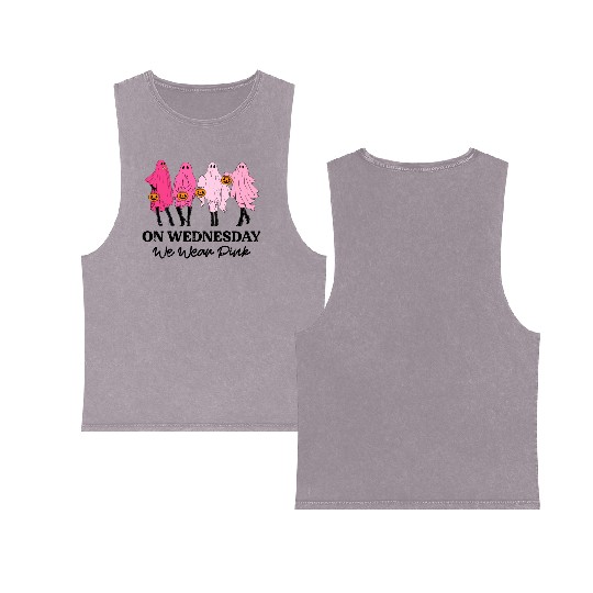 Breast Cancer On Wednesday We Wear Pink Halloween Double Sided Mineral Wash Tank Tops