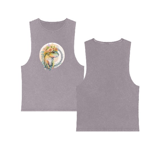 Cute Lizard Chameleon Flower Crown Pet Reptile Lov Double Sided Mineral Wash Tank Tops