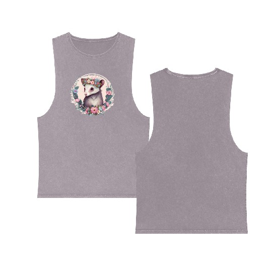 Cute Possum Flower Crown Floral Watercolor Double Sided Mineral Wash Tank Tops
