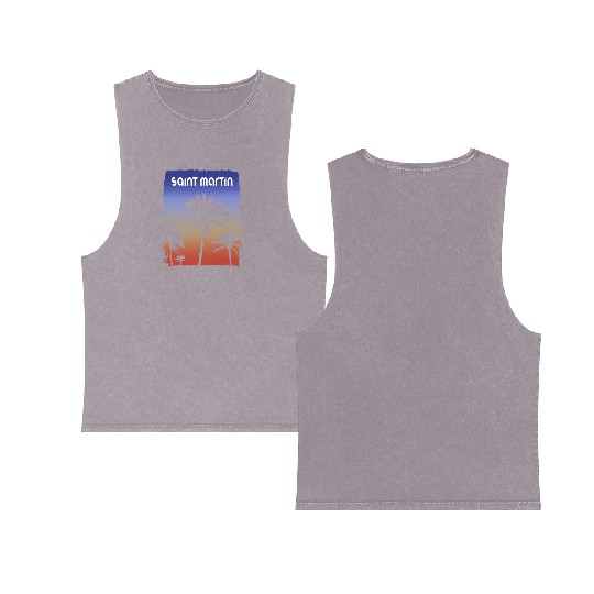 Saint Martin Sunset Vacation Souvenir Palm Tree Double Sided Mineral Wash Tank Tops