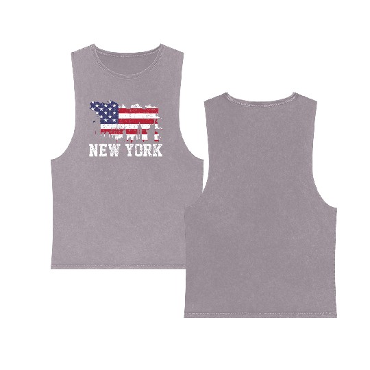 New York City Nyc Skyline Usa Flag America Double Sided Mineral Wash Tank Tops