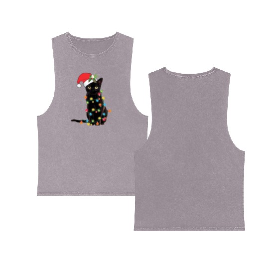 Black Cat Santa Tangled Up In Lights Double Sided Mineral Wash Tank Tops