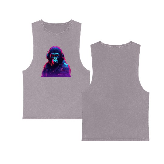 Synthwave Neon Beats of a Gorilla Double Sided Mineral Wash Tank Tops