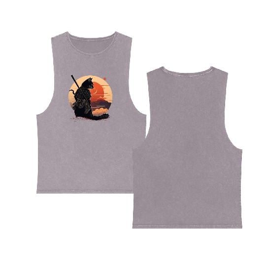 Vintage Japanese Sunset Style And Samurai Cat Kitt Double Sided Mineral Wash Tank Tops