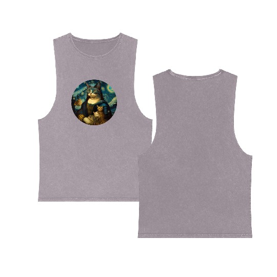Mona Lisa With Cats Starry Night Van Gogh Painting Double Sided Mineral Wash Tank Tops