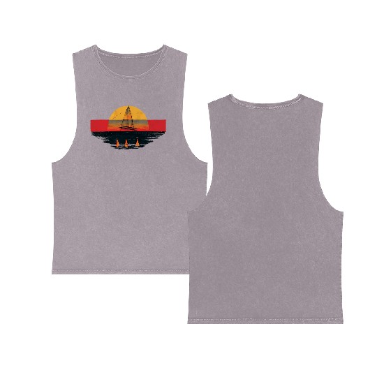 Vintage Grunge Sailboat Sunset Painting Double Sided Mineral Wash Tank Tops