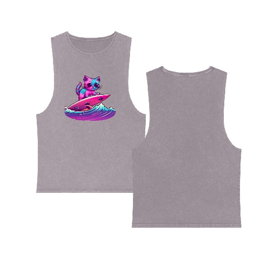 Synthwave Surfing Cat Double Sided Mineral Wash Tank Tops
