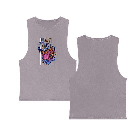 Cyborg Robot Heart Vaporwave Futuristic Cyberpunk Double Sided Mineral Wash Tank Tops