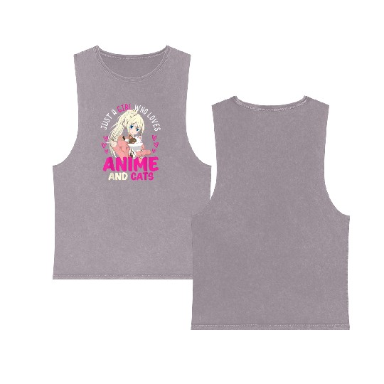 Anime Otaku Cats Japanese Anime Girl Kawaii Cat Double Sided Mineral Wash Tank Tops
