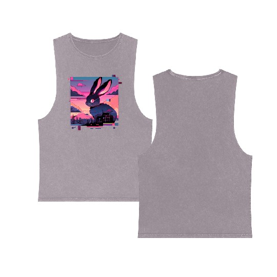 Synthwave Rabbit Cyber Bunny Retro Double Sided Mineral Wash Tank Tops