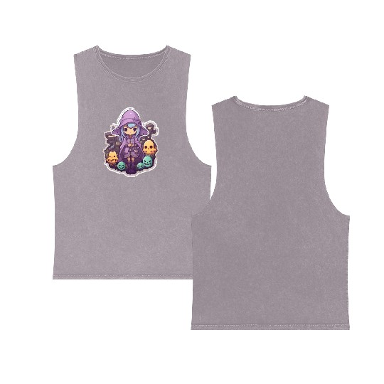Cute Cartoonish Necromancer Summoning Friends Double Sided Mineral Wash Tank Tops