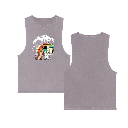 Funny Cat and Dog Camping with Friends Caravan Double Sided Mineral Wash Tank Tops