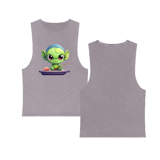 Alien Enjoying Sushi Double Sided Mineral Wash Tank Tops