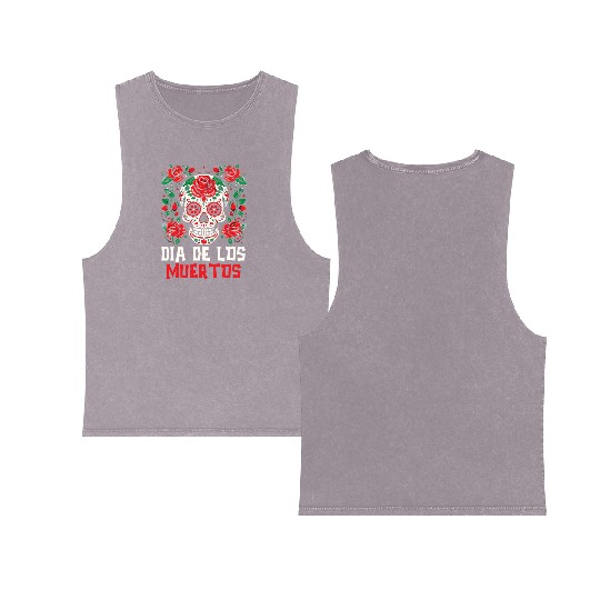 Dia De Los Muertos Sugar Skull Mexican Holiday Double Sided Mineral Wash Tank Tops