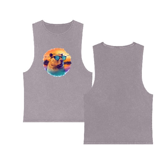 Sunset Serenity: Rustic Capybara Stripe Illustrate Double Sided Mineral Wash Tank Tops