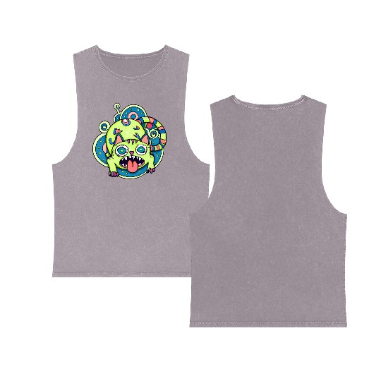Psychedelic Trippy Cat Double Sided Mineral Wash Tank Tops