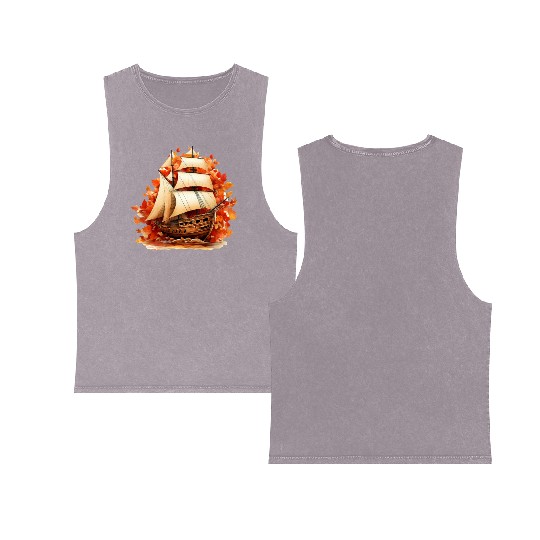 Autumn Sailing: Sailboat Amidst Falling Leaves Double Sided Mineral Wash Tank Tops
