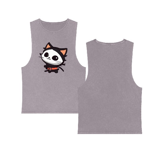 Black Cat Superhero Cartoon Design Double Sided Mineral Wash Tank Tops