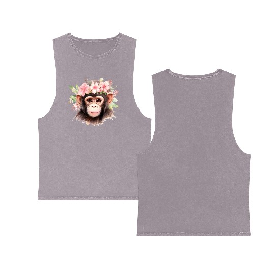 Monkey Chimpanzee Jungle Animal Boho Floral Ape Double Sided Mineral Wash Tank Tops