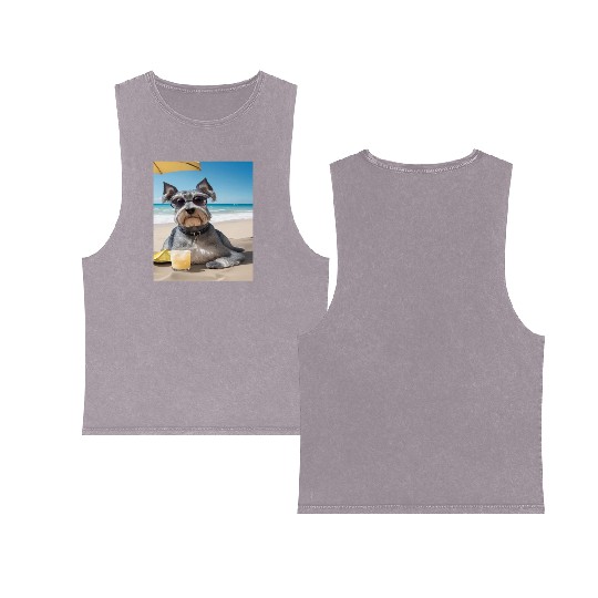 Schnauzer Chilling at Beach with a Drink Double Sided Mineral Wash Tank Tops