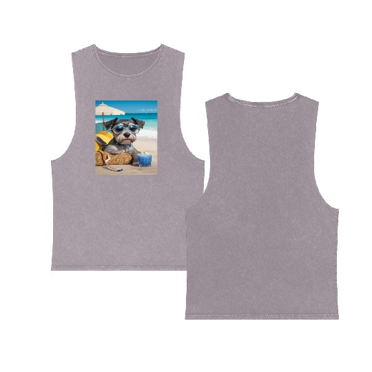 Schnauzer Chilling at the Beach with a Drink Double Sided Mineral Wash Tank Tops