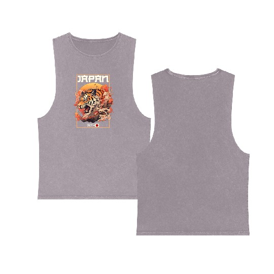 Tokyo Asia 80s Japanese Retro Tiger Double Sided Mineral Wash Tank Tops