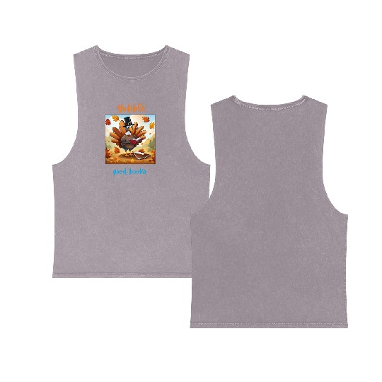 Gobble Good Book Thanksgiving Library Turkey Fall Double Sided Mineral Wash Tank Tops