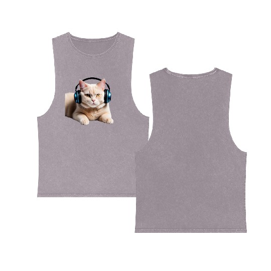 Music Lover Cat V II on Unisex Poly Cotton Double Sided Mineral Wash Tank Tops