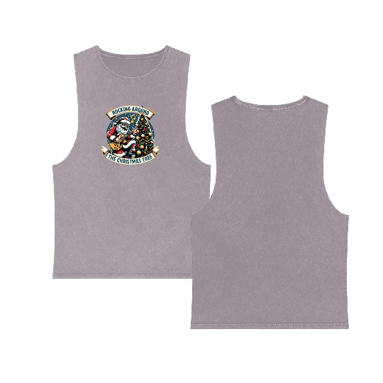 Funny Christmas Santa Play Guitar Christmas Tree Double Sided Mineral Wash Tank Tops