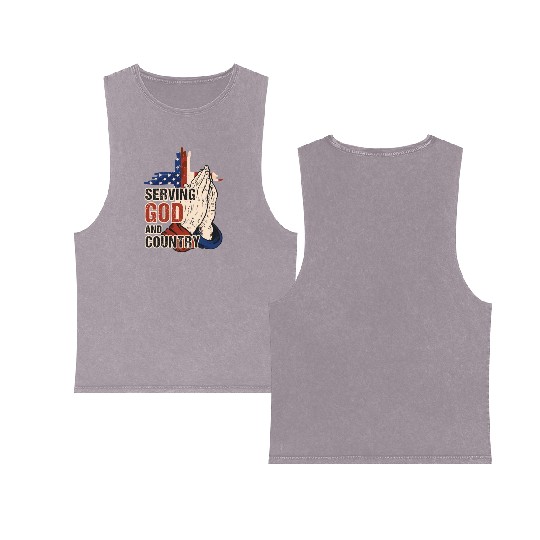 Serving God And Country US Flag Cross Patriotic Ch Double Sided Mineral Wash Tank Tops