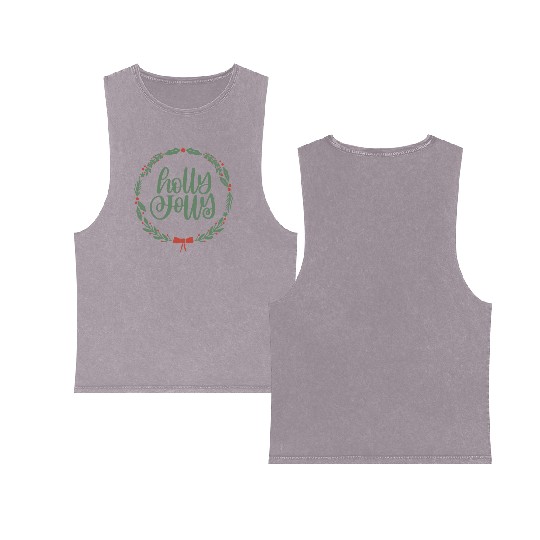 Holly Jolly Sage Green Christmas Wreath Fun Double Sided Mineral Wash Tank Tops