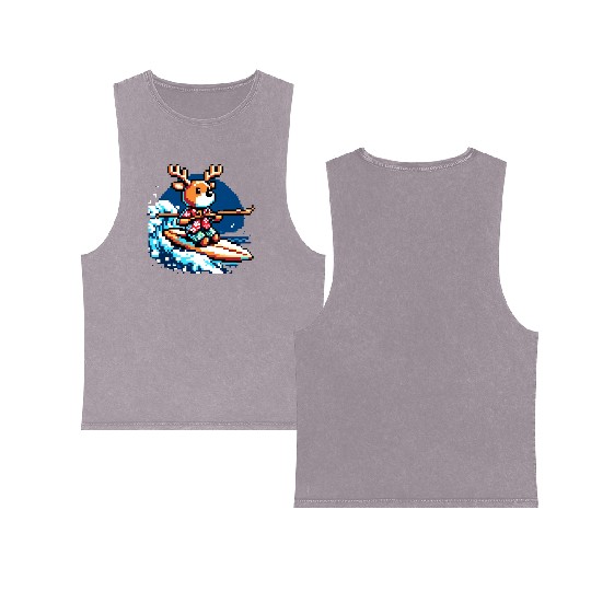 Surfing Reindeer: 8-Bit Holiday Wave Double Sided Mineral Wash Tank Tops