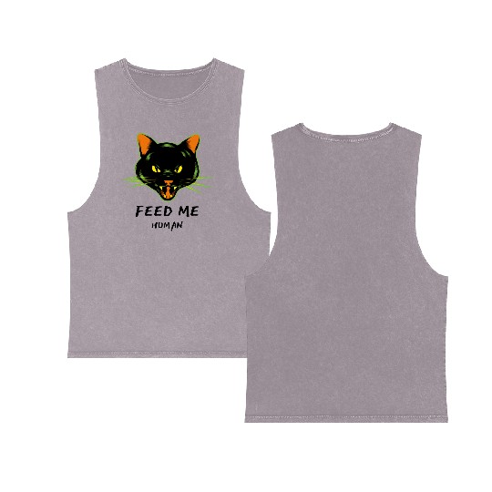 Angry Cat Feed Me Human Gift Double Sided Mineral Wash Tank Tops