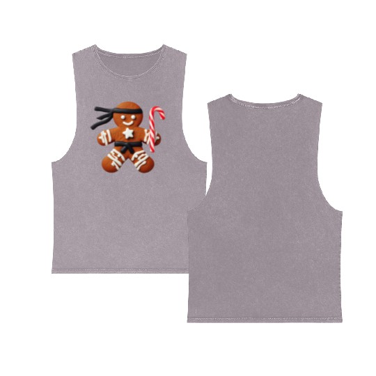 Funny Ninja Gingerbread Man Cookie Candy Cane Double Sided Mineral Wash Tank Tops
