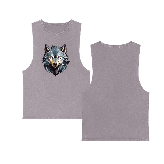 Majestic Wolf Face Illustration Double Sided Mineral Wash Tank Tops