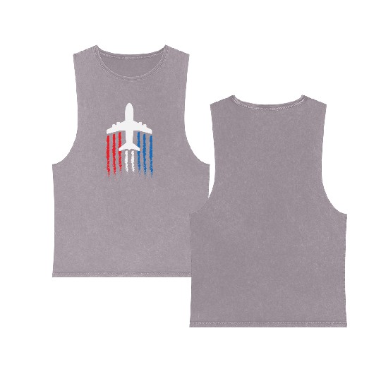 US Flag Airplane Patriotic American Pilot Double Sided Mineral Wash Tank Tops
