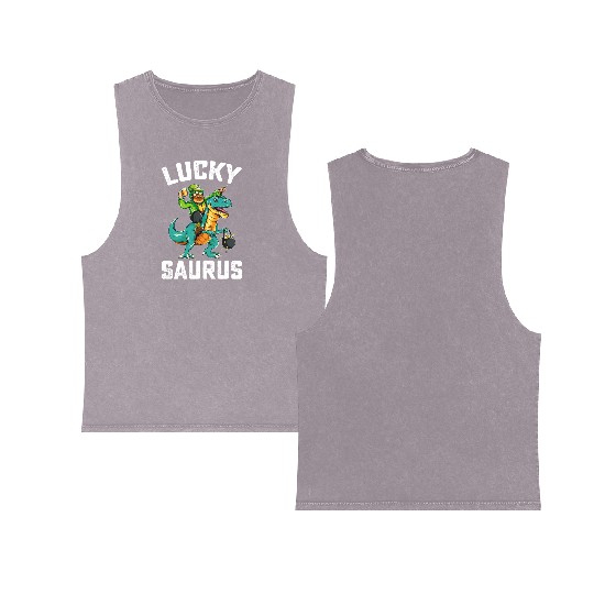 Lucky Saurus Dinosaur T Rex St Patrick's Day Double Sided Mineral Wash Tank Tops