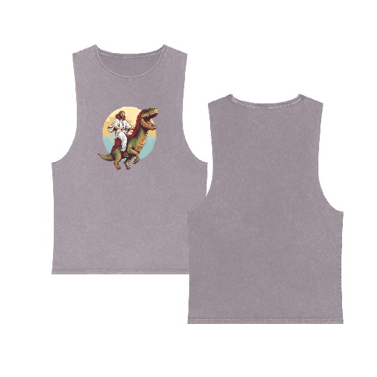 Jesus Riding a Dinosaur Meme Dino Lover Double Sided Mineral Wash Tank Tops