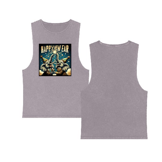 New Year's Eve Elephant Cheers with Champagne Double Sided Mineral Wash Tank Tops