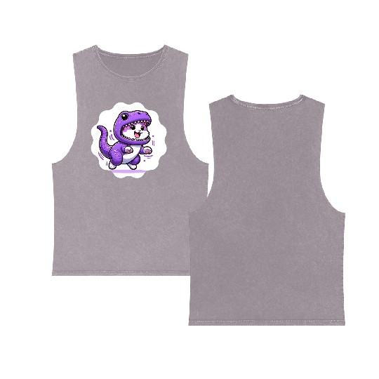 Energetic Cat in Velociraptor Costume - Playful Fe Double Sided Mineral Wash Tank Tops