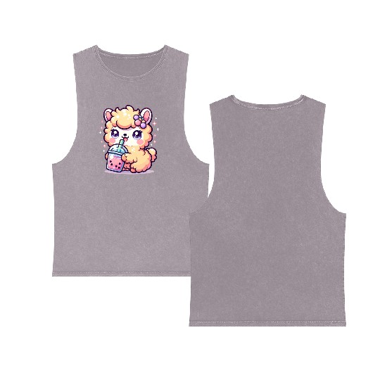 Kawaii Llama Sips Bubble Tea Cute Llama Boba Tea Double Sided Mineral Wash Tank Tops