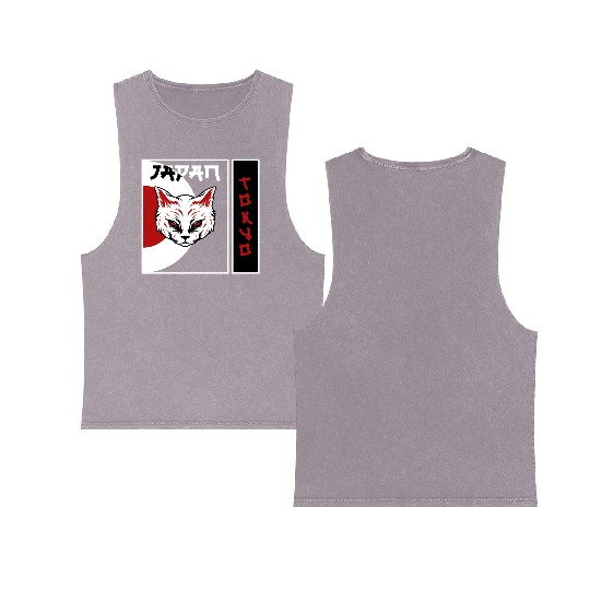 kawaii cat anime japanese retro Double Sided Mineral Wash Tank Tops