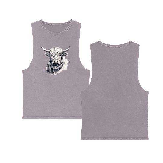 Adorable Highland Cow Wearing a Scarf Double Sided Mineral Wash Tank Tops