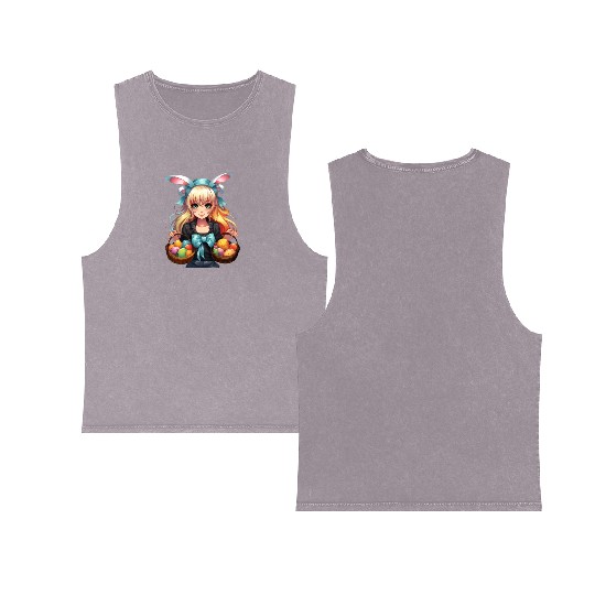 Easter Day Anime Girl Bunny Ear Easter Egg Hunt Double Sided Mineral Wash Tank Tops