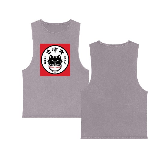 Vintage-Inspired Kawaii Cat Enjoying Japanese Rame Double Sided Mineral Wash Tank Tops