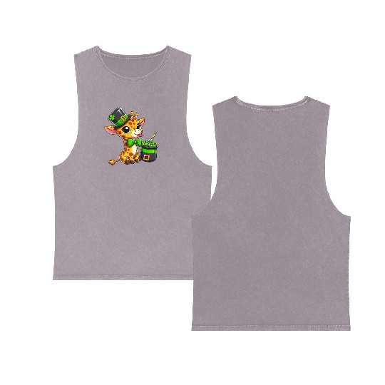 St. Patrick's Day Giraffe with Bubble Tea Double Sided Mineral Wash Tank Tops