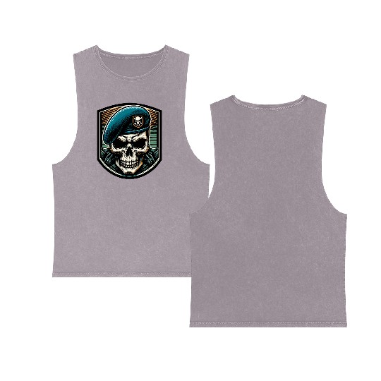 Beret Skull Military Emblem Double Sided Mineral Wash Tank Tops