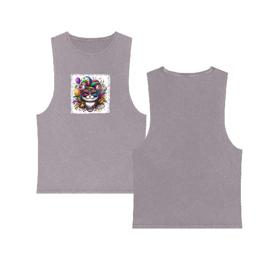 Mardi Gras Cat Mask Colorful Music Carnival Double Sided Mineral Wash Tank Tops